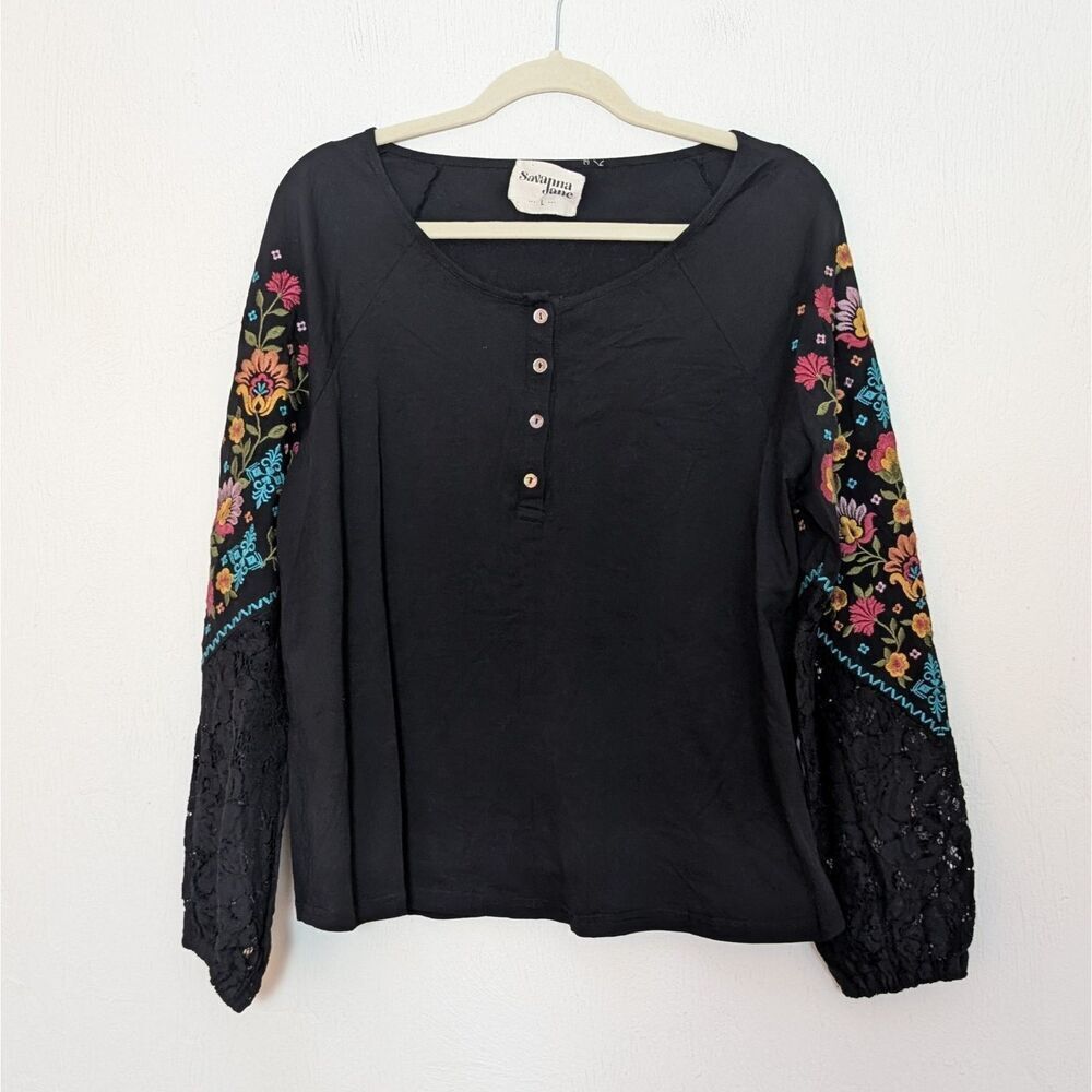 Savanna Jane Top Black Floral Embroidered Lace Long Sleeve Blouse Boho Large